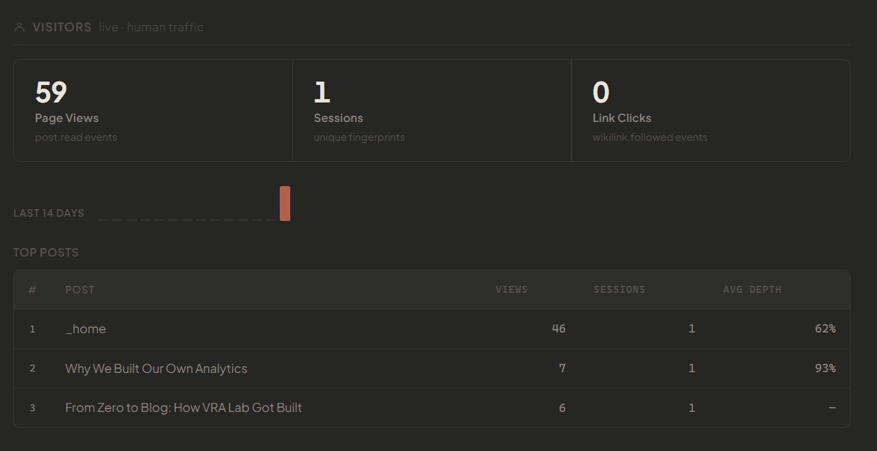 Live visitor data — page views, sessions, reading depth, top posts. The first humans have arrived.